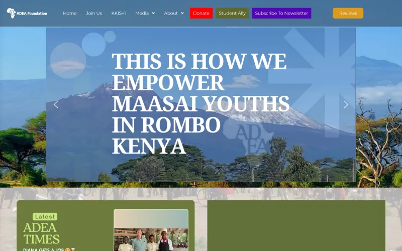 ADEA Foundation website with Mt Kilimanjaro hero and Maasai youth empowerment programmes