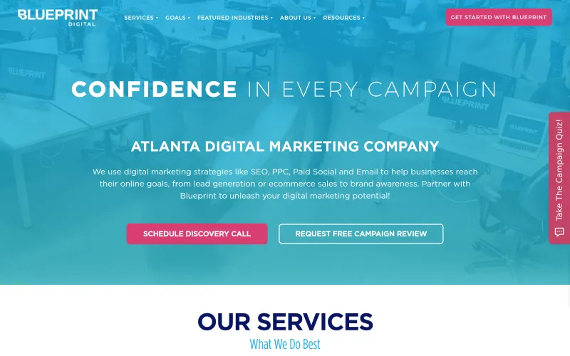 Blueprint Digital marketing agency website showing hero section with SEO and PPC services