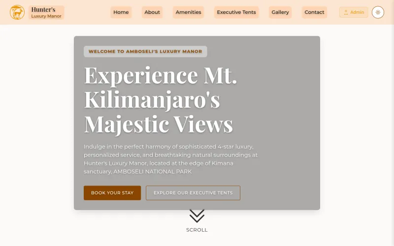 Hunters Luxury Manor website with Mt Kilimanjaro views and booking system