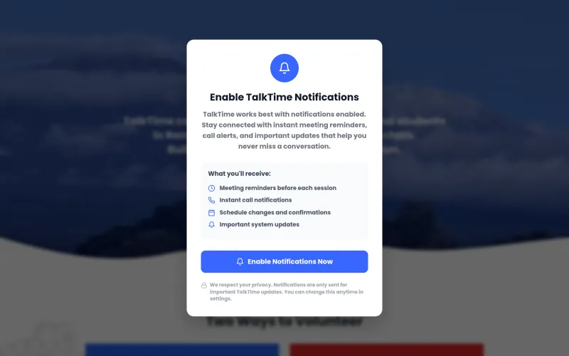 TalkTime volunteer platform with notification system for English practice sessions