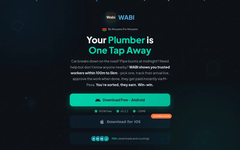 WABI mobile marketplace landing page with Android download and M-Pesa payment integration