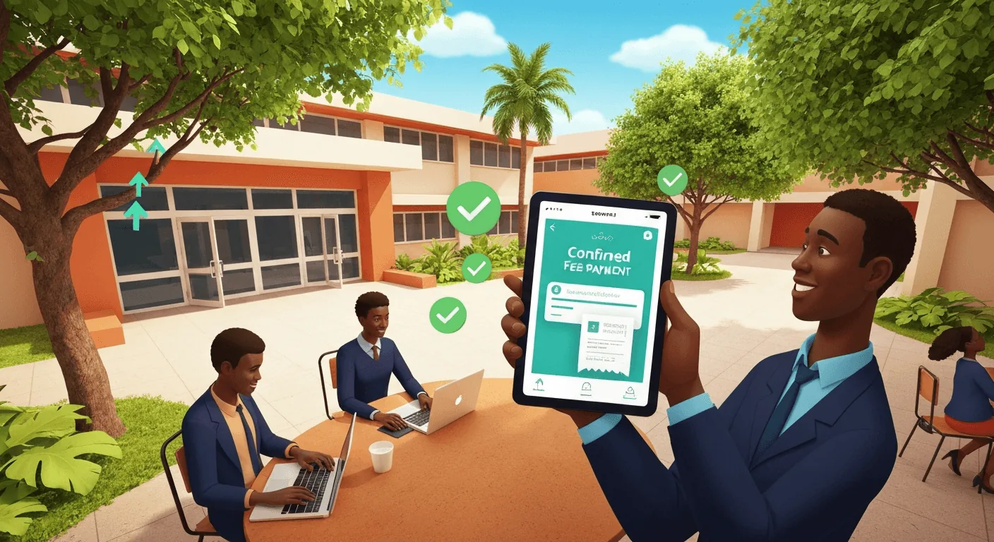 A school administrator standing in a sunny school courtyard, smiling while looking at a tablet that shows a confirmed fee payment notification and a digital receipt. A parent in the background is on their phone, gesturing as if they've just completed a transaction.