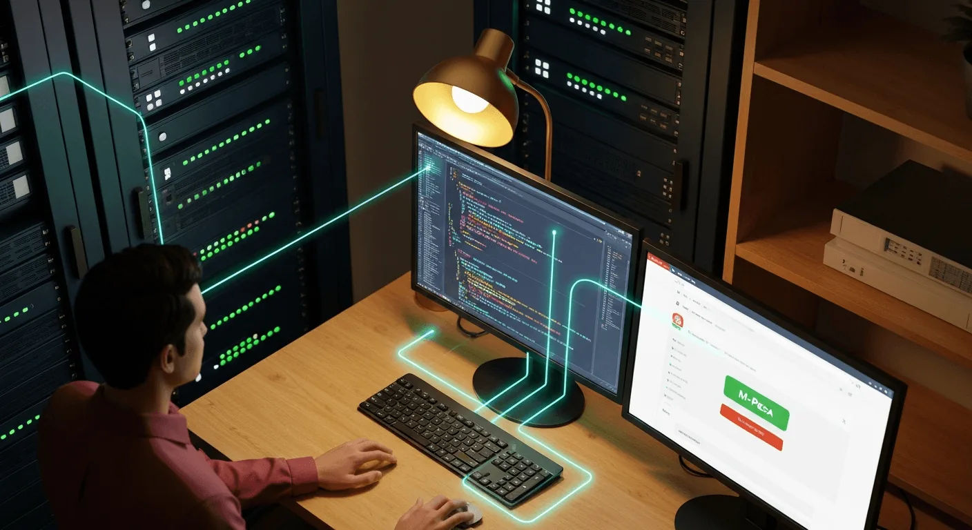 A 3D illustration showing a close-up of a developer's workstation. Two monitors are on a desk. One screen shows colorful lines of code, the other shows a website checkout page with a prominent M-Pesa button. Glowing connection lines flow from the code screen to a small server icon and then to a stylized mobile phone icon.