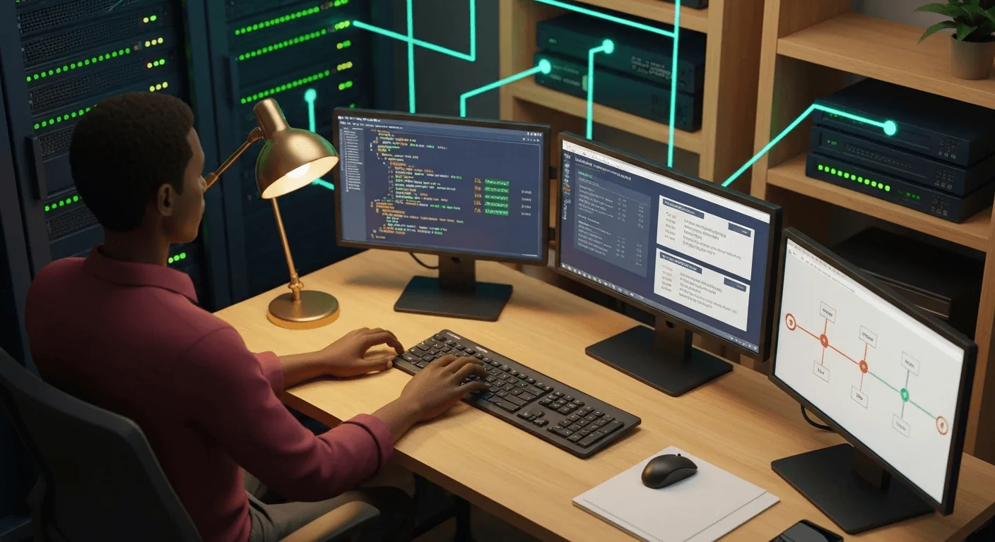 A developer at a workstation with three monitors. One monitor shows code, another shows a testing simulator with successful and failed M-Pesa transaction logs, and a third shows a project management timeline with phases marked: 'Safaricom API Setup', 'Payment Logic', 'Testing', 'Go-Live'.