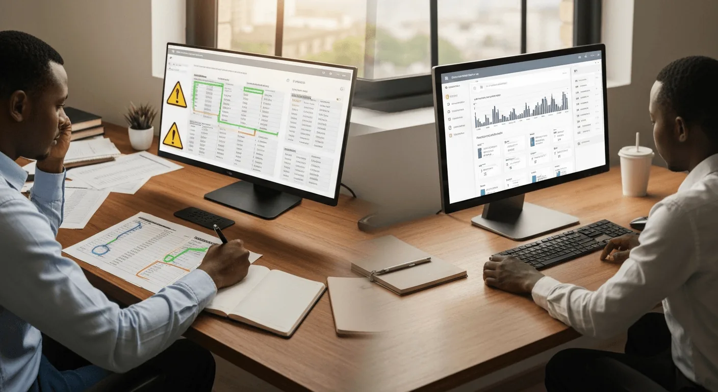 Side-by-side comparison: On the left, a finance officer looks stressed, surrounded by printed M-Pesa statements and a notebook, manually highlighting rows. On the right, a clean monitor screen shows an automated reconciliation dashboard with payments matched to student names and invoice descriptions, all marked green.
