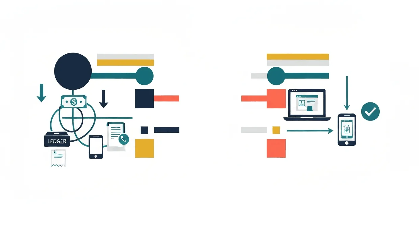 An abstract comparison of two payment flows. On the left, a tangled web of arrows connecting icons for cash, ledger, phone, and receipt. On the right, a single straight arrow connecting a website icon on a laptop to a mobile money icon on a phone, with a green checkmark at the end.