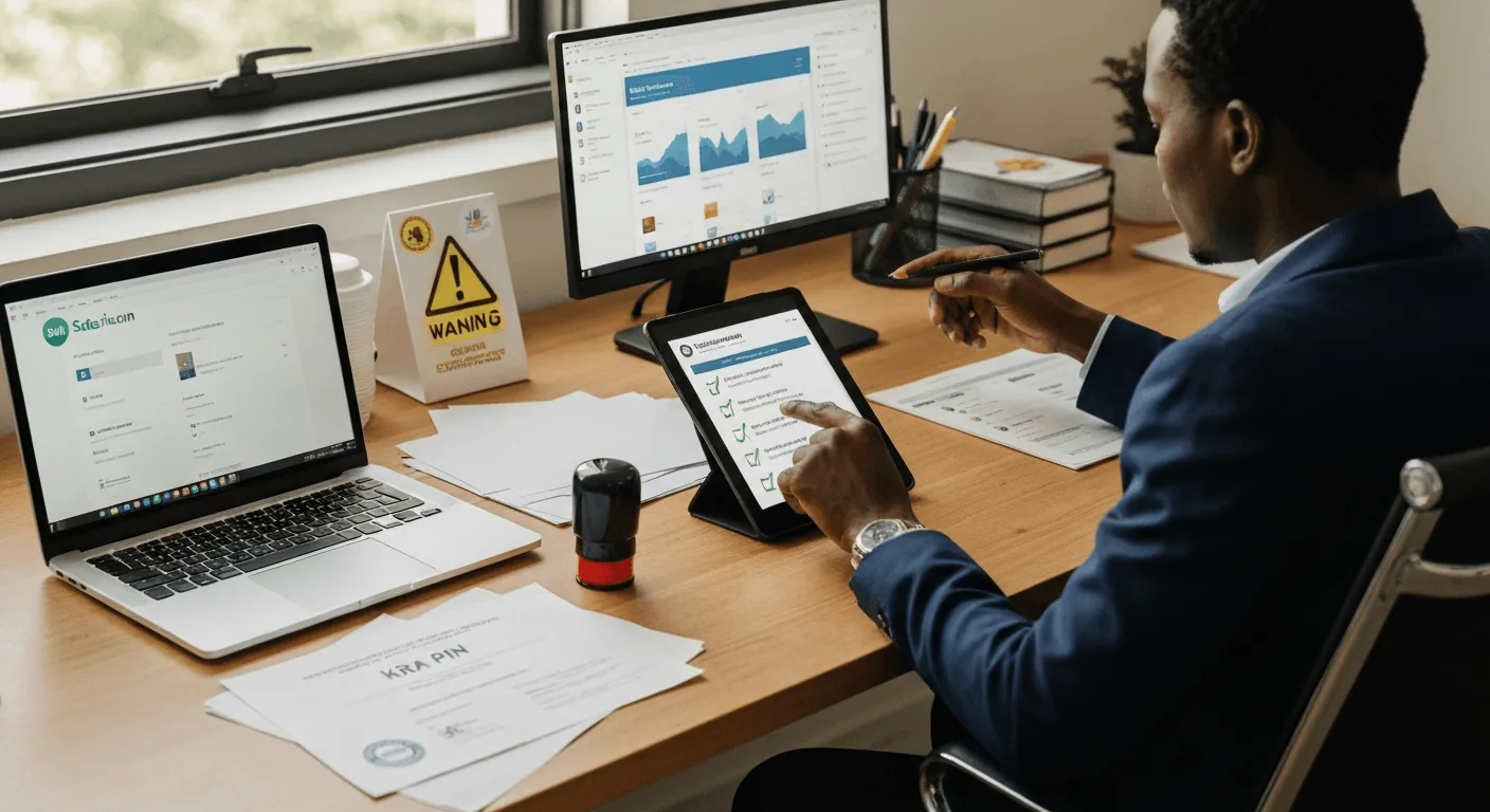 A professional reviewing a checklist on a tablet while sitting at a modern desk. On the desk are a laptop showing a Safaricom portal, a printed KRA PIN certificate, and a company stamp. The person is pointing at an item on the tablet screen.