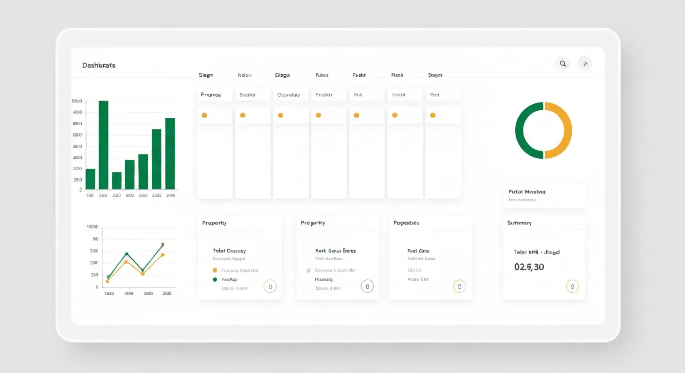 A spreadsheet dashboard for property management: a line chart tracking monthly rent collection rates against targets, a table listing properties with columns for occupancy status and rent due dates, and summary cards showing total units managed and current collection rate.