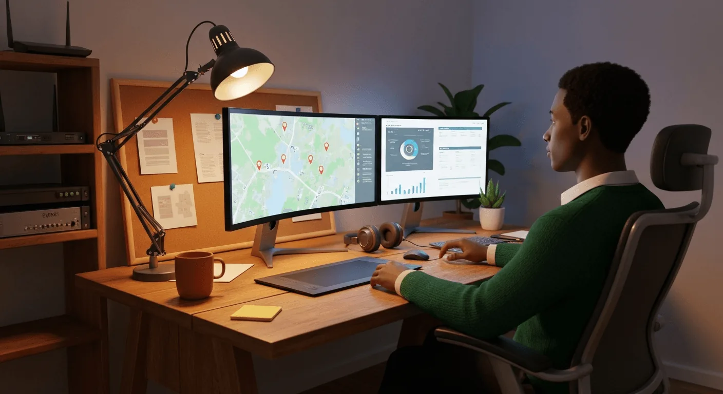 A 3D illustration showing a property manager at a workstation with two monitors. One monitor shows a map with property pins, the other shows a dashboard. Networking gear and a router are visible on a shelf, suggesting connected management.